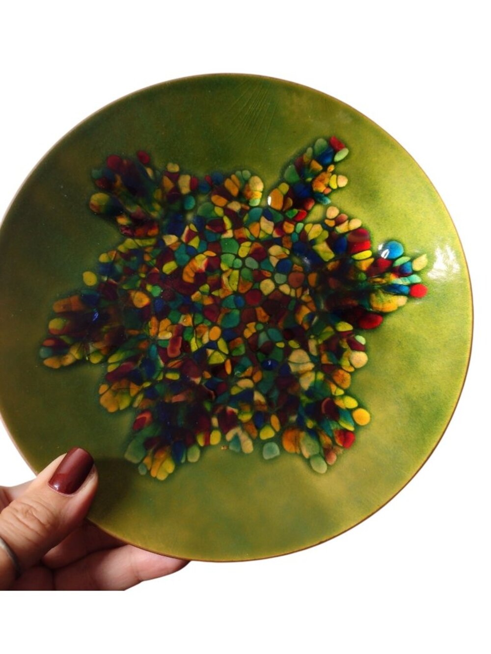 Kareka MCM Enamel on Copper Mosaic Style Dish 7.5" Abstract Vintage Metallic